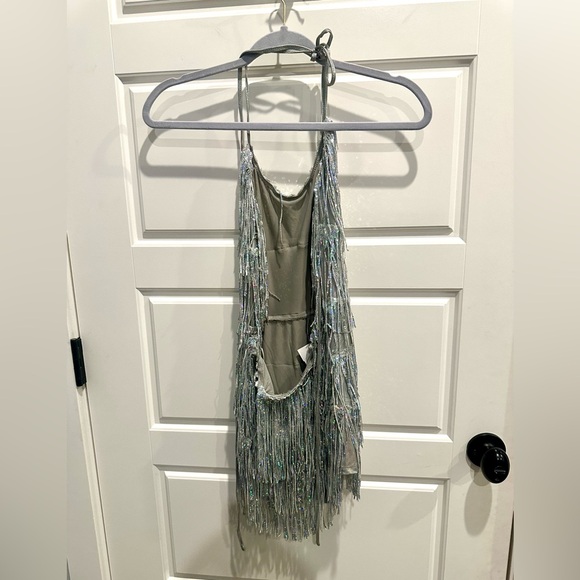 NWT Akira Flapper Fringe Iridescent Metallic Sparkle Open Back Romper - Picture 7 of 11